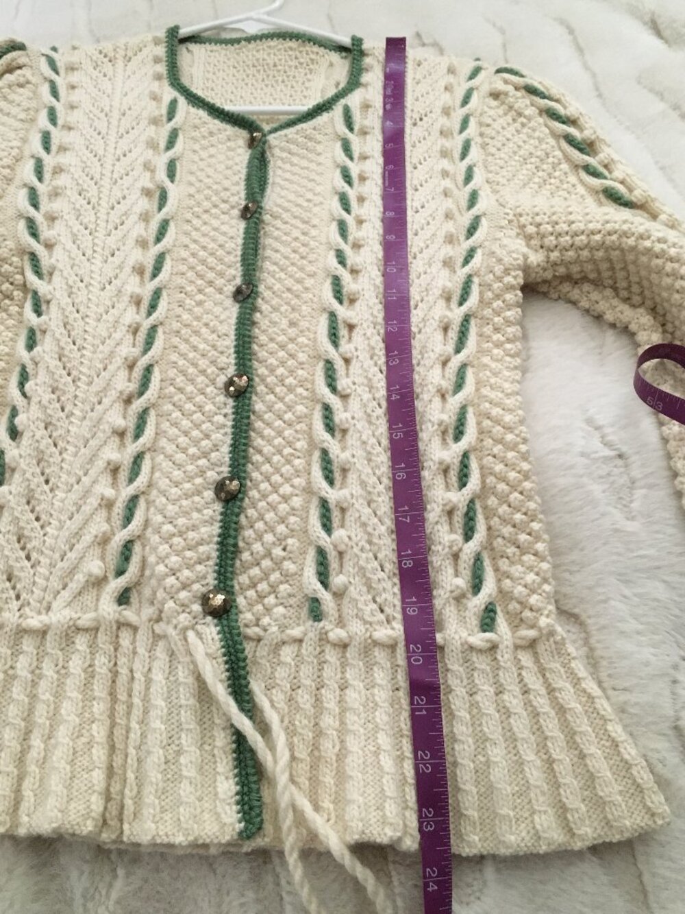 Vintage Hand-Knit Peplum Cardigan Sweater S Cream Sage Green Cable Whimsigoth - Picture 15 of 16